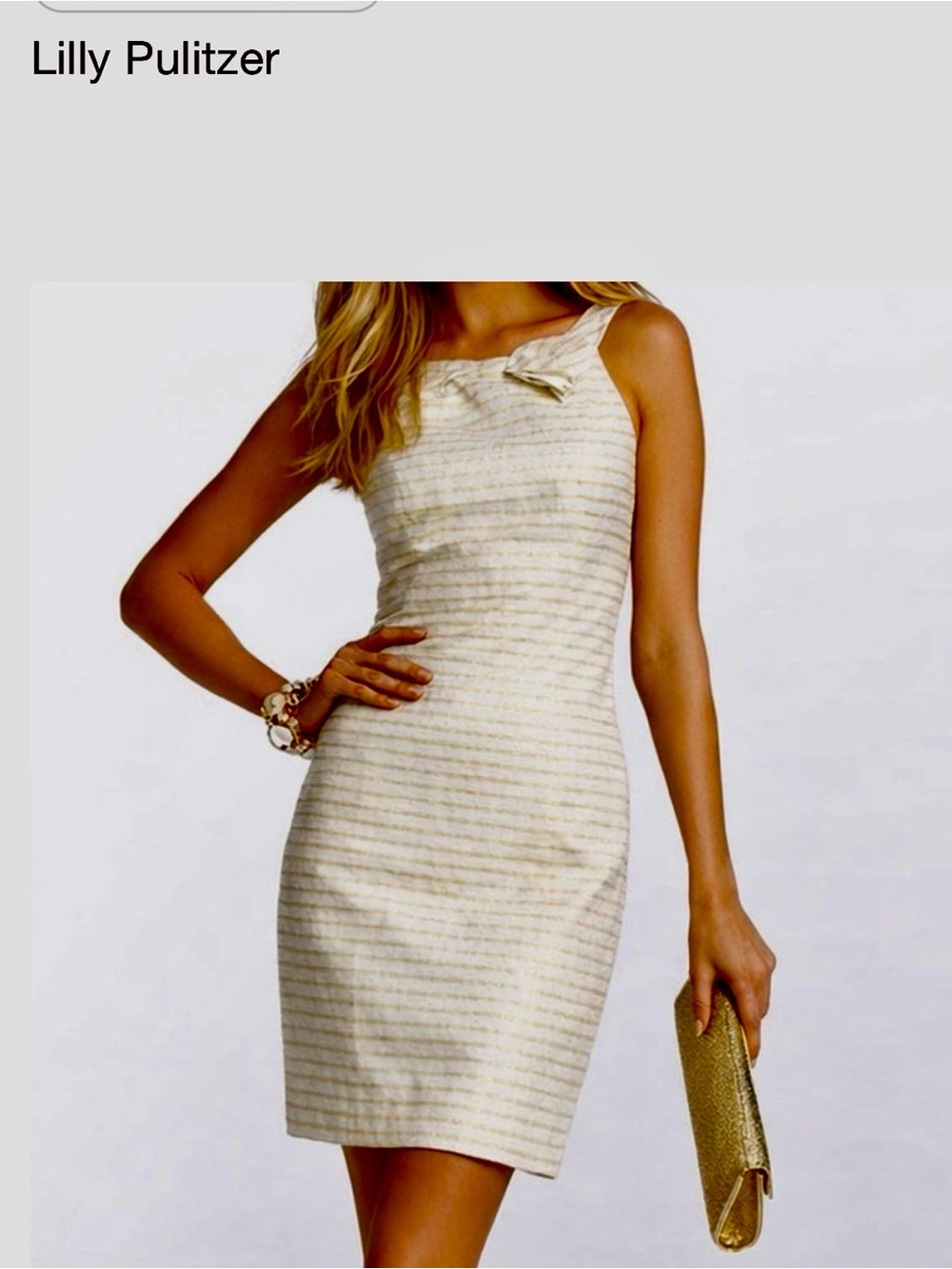NWT Lilly Pulitzer Women's Sz 6 Gold Metallic Striped Henley Dress BowSleeveless